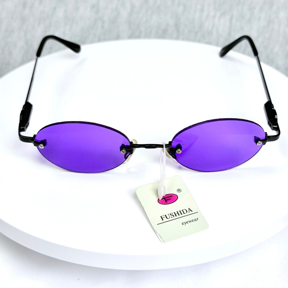 Fushida Vintage Y2K Rimless Purple Oval Sunglasses Black Metal Frame K199